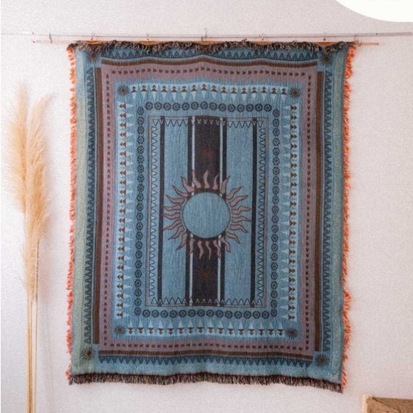 Sunset Orange/Blue Afghan Rug - Picture 2 of 8